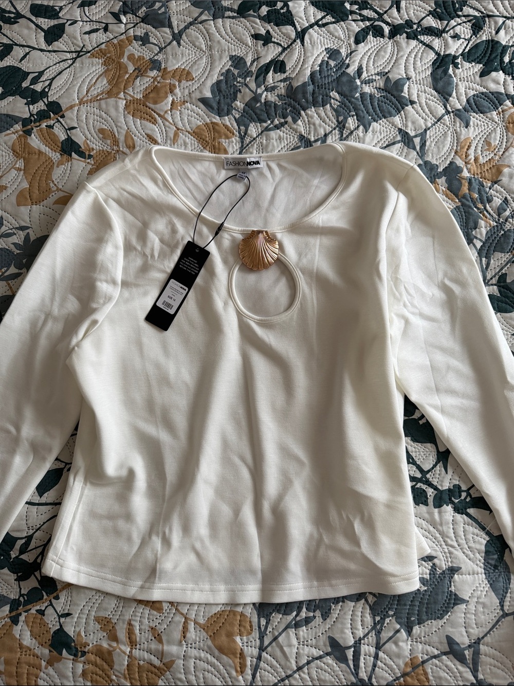Fashion Nova Cream Long Sleeve Top with Gold Shell Accent